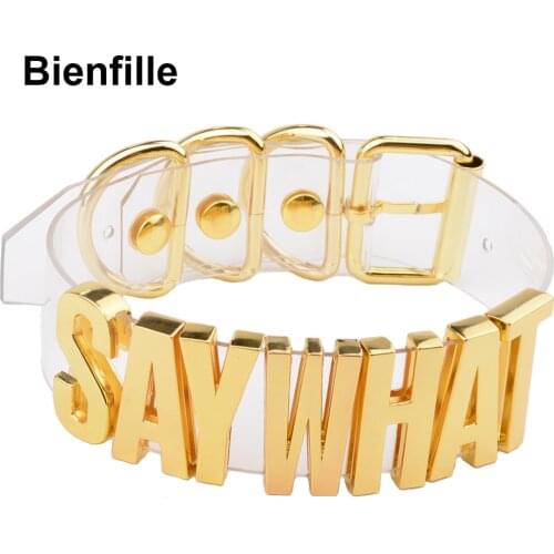 Clear PVC Leather Collar Necklace Harajuku Women Men Unisex Gold Say What Letters Alpabet Choker ersonalized Choker Necklace