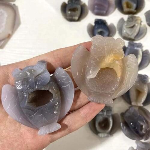 Natural Agate Crystal Sculpture Carved Gem Owl Healing Crystal Ball Quartz Stone Gift Wicka Decorative Mineral 1PC