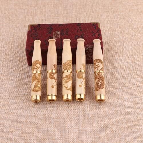 Carved Wood Pipe Cigarette Holder 8mm Double Filter Smoking Pipes Portable Creative Tobacco Pipes Detachable Smoke Mouthpiece