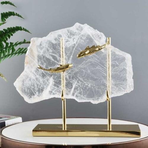 Luxury Copper Carp Spar With Metal Bracket Ornaments Living Room Entrance Hotel Decorative Cabinet Office Furnishings