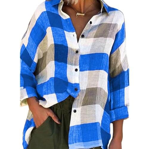 Plus size Women Turn Down Collar Check Plaid Buttons Shirt Top Long Sleeve Loose Blouse Women Plaid Shirt Top Long Blouse