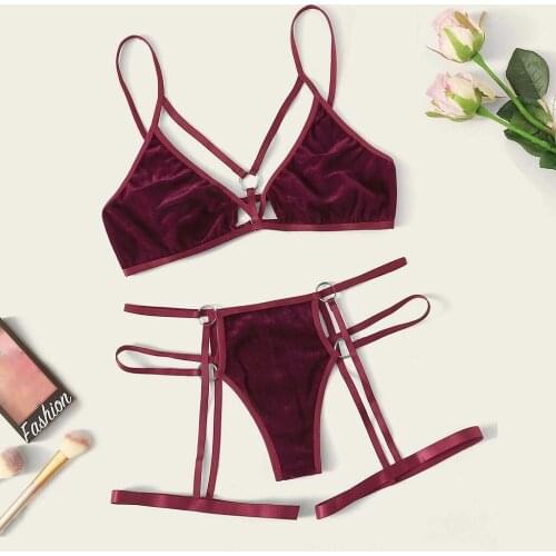 Sexy Lingerie Sexy Bra Set Women Velvet Bandage Lingerie Set With Garter Underwear Wireless Intimates Bra Sets
