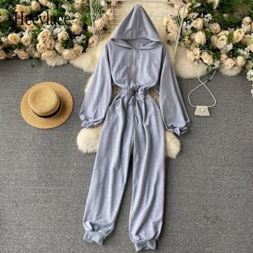 Zipper Loose Hoodies autumn Full Length Jumpsuit Casual high waist Elegant rompers winter Women long sleeve tie Romper