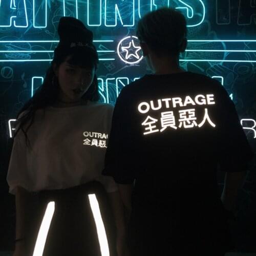 TOPESKO Chinese Style Outrage Letter Reflective Luminous Printed T-shirt Men Women 100% Cotton Funny Tshirt Couple Clothes