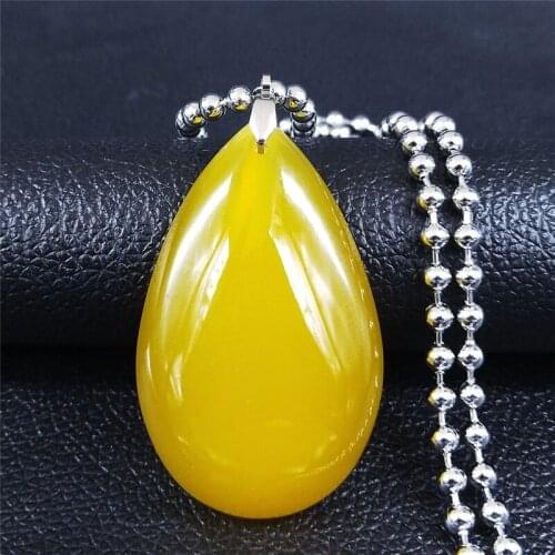 Yellow Natural Stone Stainless Steel Necklaces Women Silver Color Drop Water Chain Necklace Jewelry accesorios mujer N5004S04