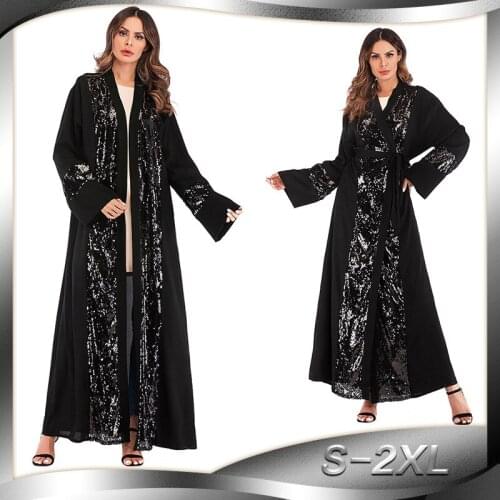 BianFeng Womens Large Muslim Sequin Stitching Cardigan Robe Womens European and American Fashion Dress
