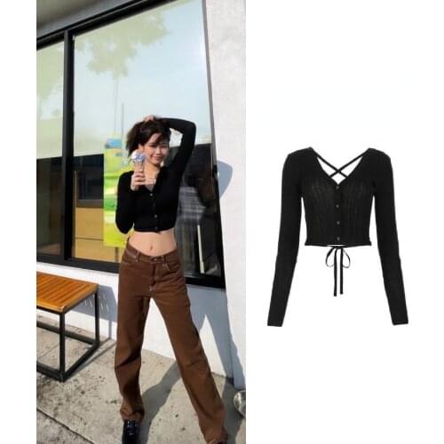 Kpop IU Seo Yea Ji Single Breasted V-Neck Women Black Long Sleeve Cardigan Sweater Knitted Slim Short Backless Jumper Jacket Top