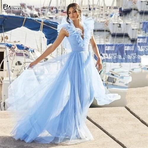 Promworld Sky Blue Sexy V-Neck Prom Dresses Long A-Line Ruffles Tulle Formal Party Evening Gowns 2021 Vestido De Fiesta De Boda