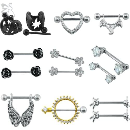 ZS 316L Stainless Steel Nipple Shield Rings Straight Barbell Double Sided Flower Round Piercing Nipple Bars Piercing Jewellery