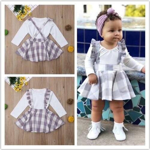 Newborn Kids Baby Girls clothes Plaid strap Ruffle Skirts round neck long sleeve solid Bodysuit 2pc Toddler lovely Outfits
