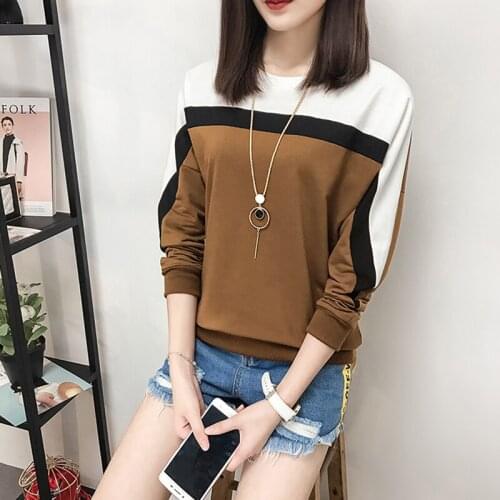 2021 Autumn 100% Cotton T-shirt Long Sleeves Patchwork Tops Tshirt Women T-shirt O-neck Loose Cotton Tee Shirt Femme Plus Size