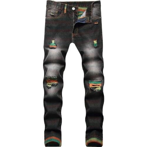 2021 Autumn Spring Mens Skateboard Streetwear HIP HOP Punk Stretch Moto Bike Jeans Ripped Skinny Pencil Straight Denim Trouers