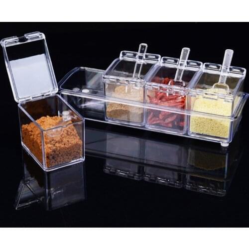4pcs Crystal Clear Seasoning Box Acrylic Spice Rack Storage Condiment Jars Containers With One Spoon For Kitchen Organization