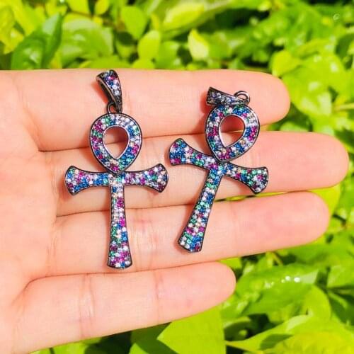 5pcs Multicolor Cubic CZ Pave ANKH Cross Pendant Charm for Women Bracelet Necklace Making Religious Jewelry Accessory Wholesale