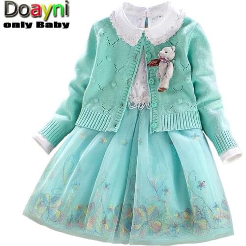 Doayni Baby Girls Clothing Sets Sweater Cardigan Two pcs Sets Bear Brooch Girls Embroidered Shirt Lace Mesh Dress for 110 to 140