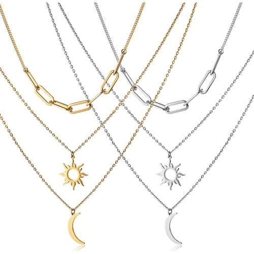FYSARA Multilevel Titanium For Women Fashion Sun Moon Pendant Necklace Jewelry Birthday Party Girl Gift