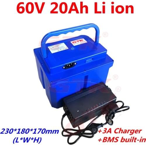 GTK high quality waterproof case Rechargeable 60V 20Ah Lithium li-ion battery pack with BMS for electric scooter +2A Charger