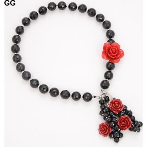 GuaiGuai Jewelry 18'' Natural 14MM Round Faceted Onyx Red Flower Pendant Necklace For Women