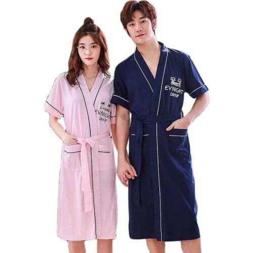 Bathrobe Men And Women Summer 100% Cotton Short Sleeve Robe Sleepwear Casual Loose Plus Size M-3XL Couple Robe Homewear