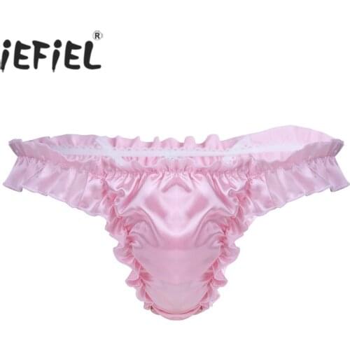 IEFiEL Mens Shiny Ruffled Frilly T Back High Cut Open Butt Sissy Flutter Briefs Underwear Underpants Jockstraps Gay Male Panties