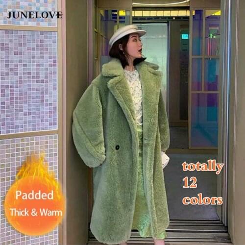 JuneLove Women Winter Faux Fur Warm Long Coat Vintage Long Sleeve Female Thick Teddy Bear Coat Casual Loose Oversize Outwears