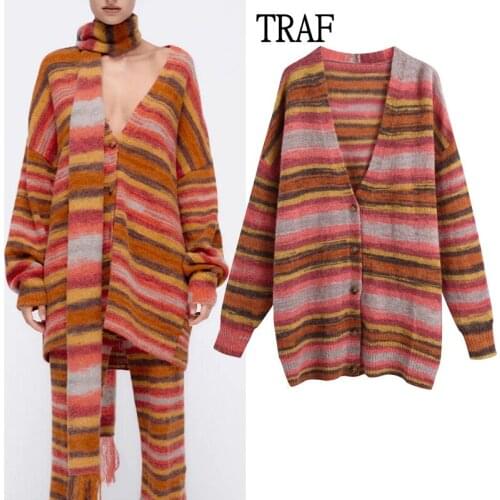 TRAF Za Womens Cardigan 2021 Oversized Cardigan Sweater Autumn Loose Long Sleeve Woman Knit Jacket Female Outerwear Chic Tops