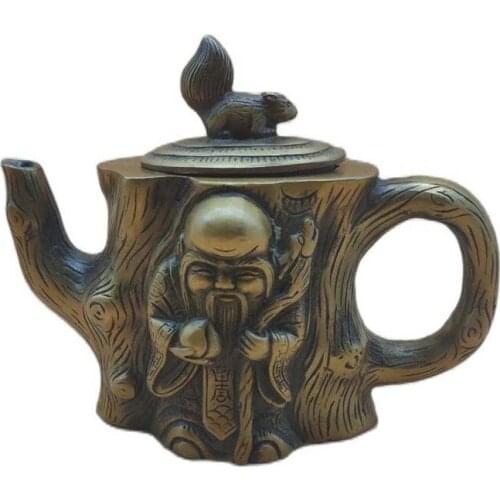 Chinese Old Bronze Carving squirrel Tree Shape Kettle Teapot Kettle Wine Pot Health Longevity God Fengshui Decoration 490g