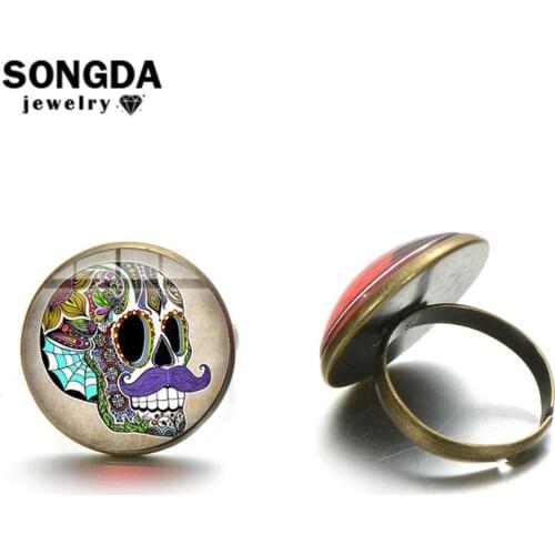 SONGDA Colorful Sugar Skull Ring Day of The Dead Mexican Culture Skeleton Art Patterns Glass Cabochon Alloy Ring Adjustable Size