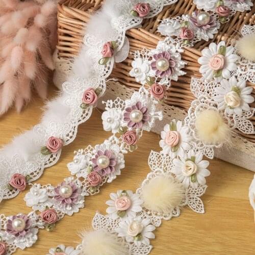 Lace Ribbon For Wedding Decor Dress Bag DIY Sewing Accessories Beaded Applique White 3D Flower Embroidery Lace Fabric And Crafts