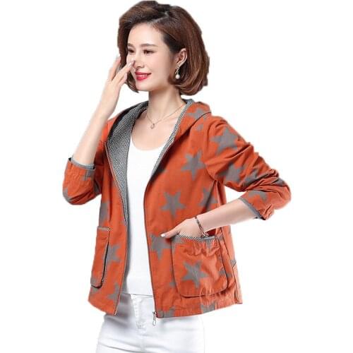 2021Jacket Womens Spring Autumn New Orange Coat Large Size Loose Hooded Tops Wild Female Windbreaker With Lined Overcoat D814