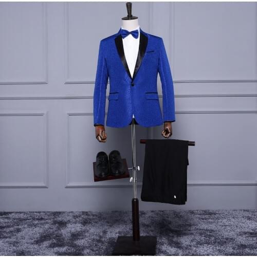 Royal Blue Red White Jacquard Mens Classic Suit Slim Fit Tuxedo Wedding Suits With Pants Groom Stage Singer Costume Homme