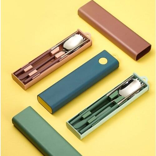 1set Stainless Steel Dinnerware With Box Spoon Fork Chopsticks Set Portable Travel Tableware Kid School Cutlery Kitchen Supplies