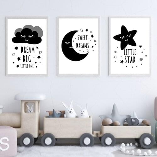Star Moon Cloud Wall Art Poster Big Dream Quotes Canvas Painting Black And White Art Print Nordic Pictures Baby Kids Room Decor
