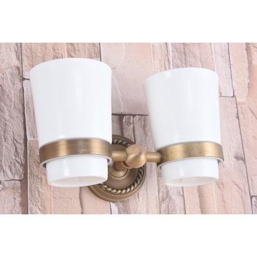 Wall Mounted Vintage Retro Antique Brass Bathroom Toothbrush Holder Set Bathroom Accessory Dual Ceramic Cup mba224