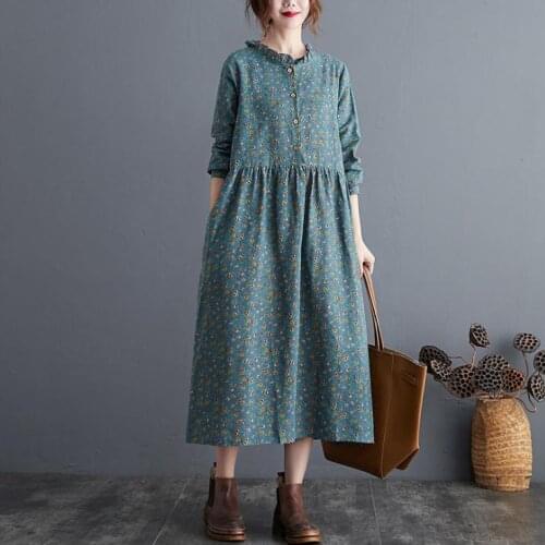 New Long Sleeves Women Cotton Lined Ruffle Vintage Floral Dress Loose Spring Autumn Female Printing Maxi Dress Vestidos K1400
