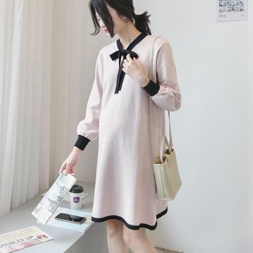 2021 New Fashion Maternity Dress Pink Bow Loose Spring Autumn Skirt Pregnancy Clothes For Knit Pregnant Women Sweater Dress
