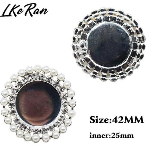 New 2Pc 42mm/inner 25mm Double Layer Pearl Rhinestone Negative Film DIY Decorative Buttons Metal Cap Tray Setting Key Cover Lids