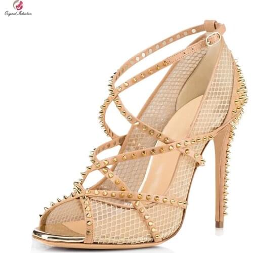 Original Intention Fashion Cross Tied Rivets Nude Black Fishing Nets Sandals Woman Open Toe Stiletto High Heels Sexy Party Shoes