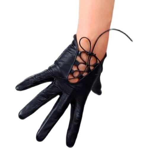 Pure Sheepskin Gloves Female Short Style Ropes Retro Hollow out Black Real Leather Women Gloves Touch Screen ZP49