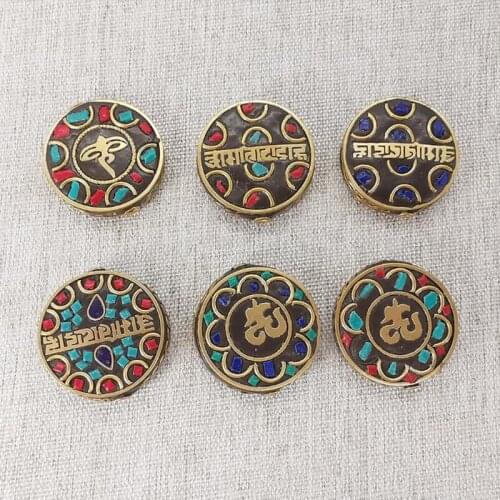 6pcs Retro Handmade Flat Round Nepal Beads Tibetan Mantra Letter Beads Antique Golden Red Clay For DIY Tibetan Jewelry Making