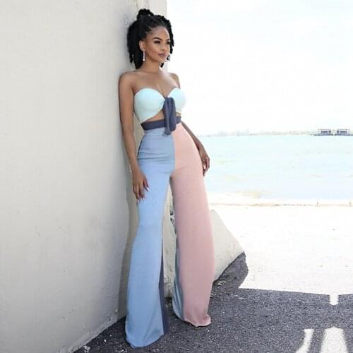 Casual Vacation Outfits Women Strapless Bow Crop Top and High Waist Wide Leg Pants Set Color Patchwork Club Outfits for Women