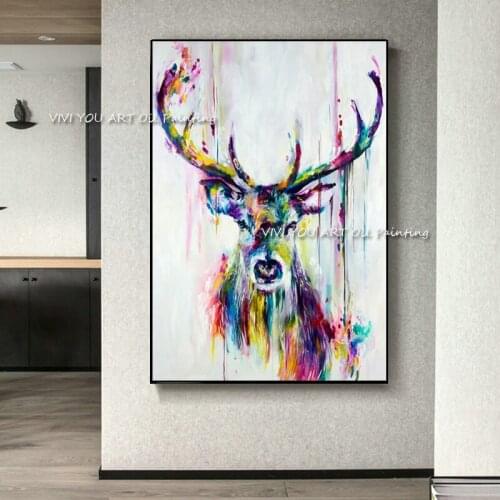 Hand-Painted Oil Painting Colorful Rich Deer Animal Pattern Decorative Painting abstract wall art handmade image