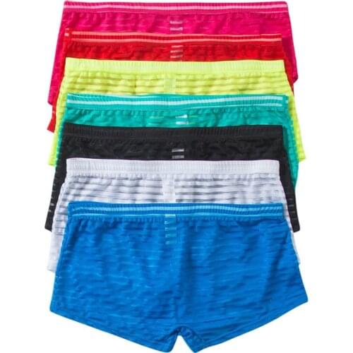 7PCS/LOT Sexy Man Short Boxers Mesh Striped See Through Slip Underwear Transparent Gay Panties Sissy Boxershorts Plus Size