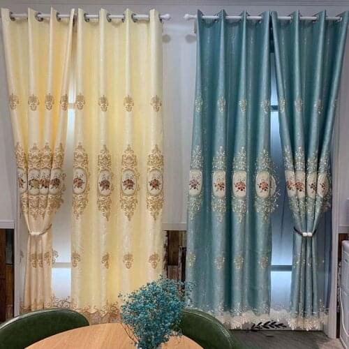 Blue/Beige Luxury Flowers Embroidery Pattern Curtains for Living Room European Geometric Embroidery Tulle for Bedroom #VT