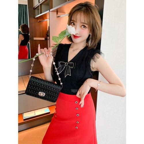 Light ripe gauze feifei sleeve bowknot V - neck knitting sleeveless top female new summer