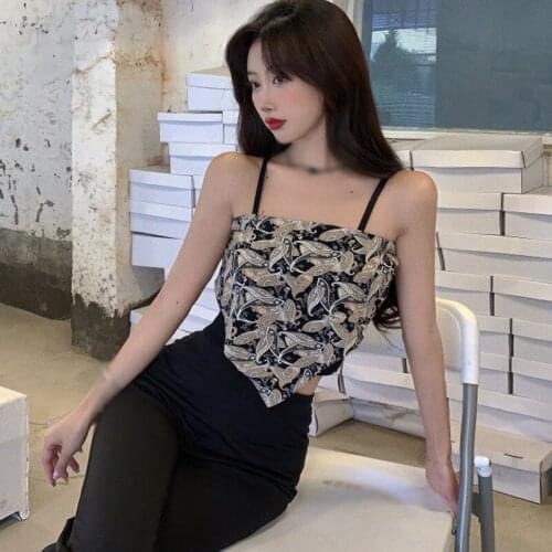 Tank Top Womens Print Irregular Slim Backless Exposure Navel Fake 2 Pieces Camisole Crop Tops