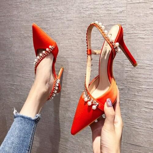 Pearl Women High Heels Wedding Party Pointed Toe Lady Pumps Lovable String Bead Sweet Rhinestone Shoes Glittering Mujer Sandals