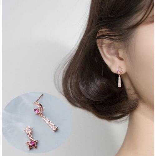 Star Moon Asymmetric Stud Earrings For Women Shiny Micro Crystal Red Zircon Stone Geometric Dangle Rose Gold Earring Jewelry