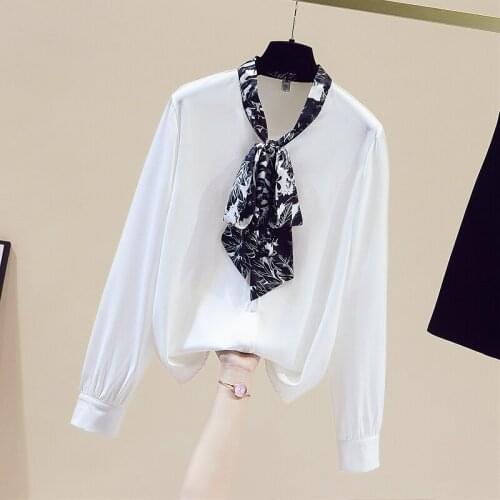 Long-sleeved chiffon shirt women 2021 autumn new style printed lace-up fashion stretch mulberry silk shirt blouse
