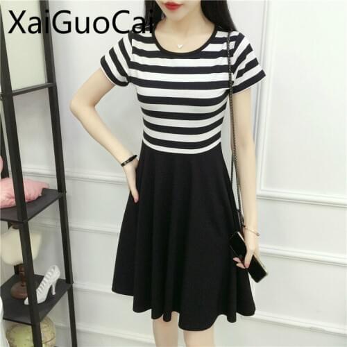 Summer Newest Striped Women Dresses Long Female Round Neck Slim Female Dresses Thin A Line Wild Women Dresses